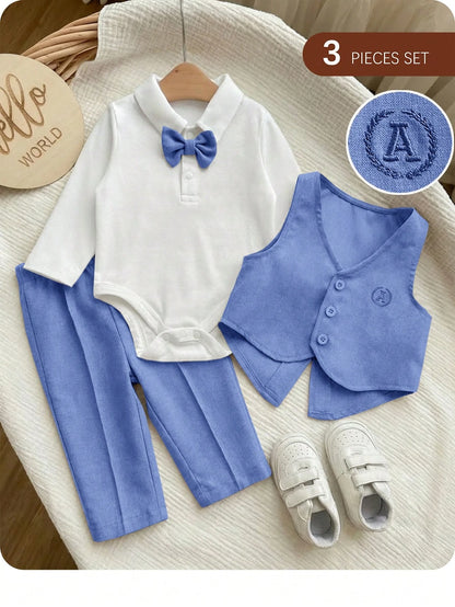 3pcs Newborn Baby Boy Collegiate Style Cute Casual Vest Jacket, Pants And Bow Tie Romper Set,Kids