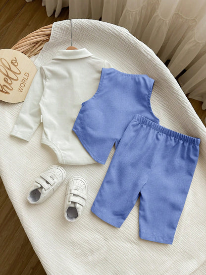 3pcs Newborn Baby Boy Collegiate Style Cute Casual Vest Jacket, Pants And Bow Tie Romper Set,Kids