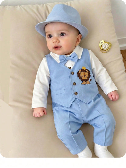 3pcs Newborn Baby Boy Collegiate Style Cute Casual Vest Jacket, Pants And Bow Tie Romper Set,Kids