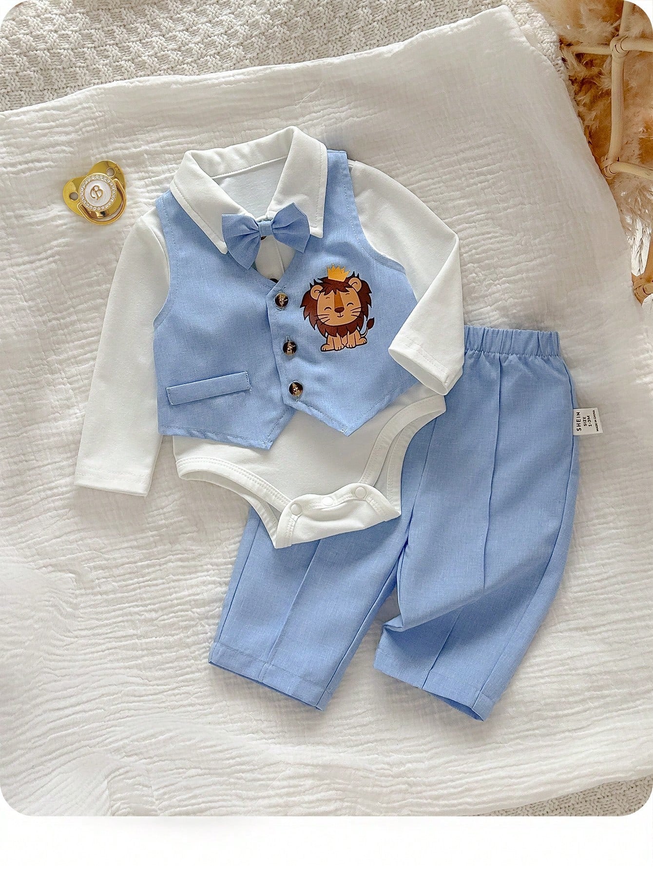 3pcs Newborn Baby Boy Collegiate Style Cute Casual Vest Jacket, Pants And Bow Tie Romper Set,Kids