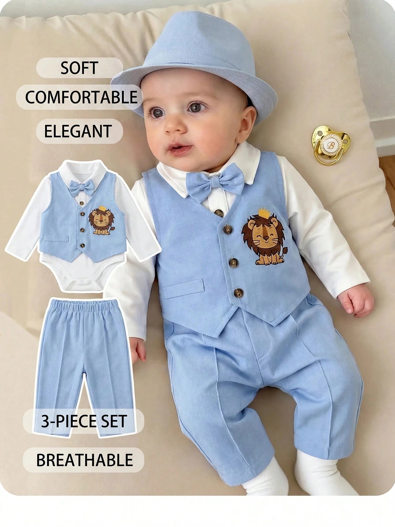3pcs Newborn Baby Boy Collegiate Style Cute Casual Vest Jacket, Pants And Bow Tie Romper Set,Kids