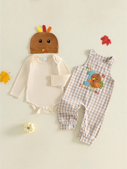 3Pcs Newborn Baby Boys Thanksgiving Outfits Set Long Sleeve Romper Tops + Suspender Pants + Hat 3M 6M 9M 12M 18M Infant Fall Overalls Clothes