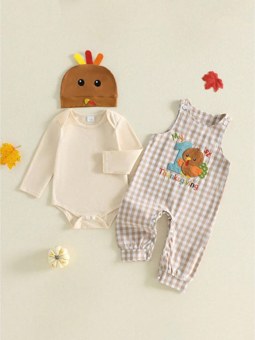 3Pcs Newborn Baby Boys Thanksgiving Outfits Set Long Sleeve Romper Tops + Suspender Pants + Hat 3M 6M 9M 12M 18M Infant Fall Overalls Clothes