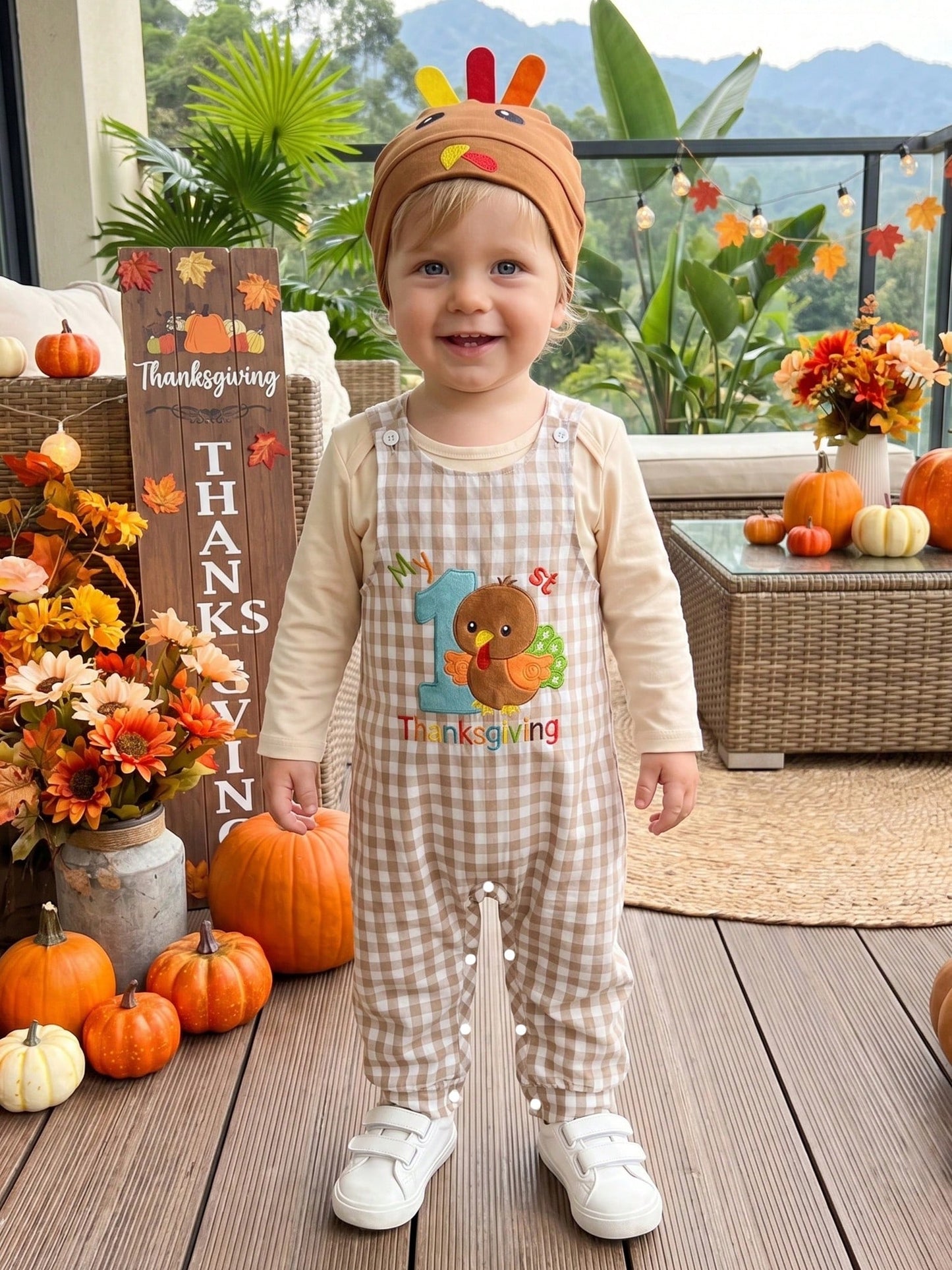 3Pcs Newborn Baby Boys Thanksgiving Outfits Set Long Sleeve Romper Tops + Suspender Pants + Hat 3M 6M 9M 12M 18M Infant Fall Overalls Clothes