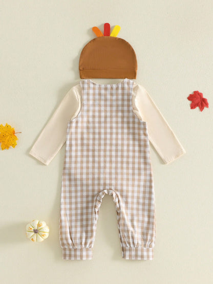 3Pcs Newborn Baby Boys Thanksgiving Outfits Set Long Sleeve Romper Tops + Suspender Pants + Hat 3M 6M 9M 12M 18M Infant Fall Overalls Clothes