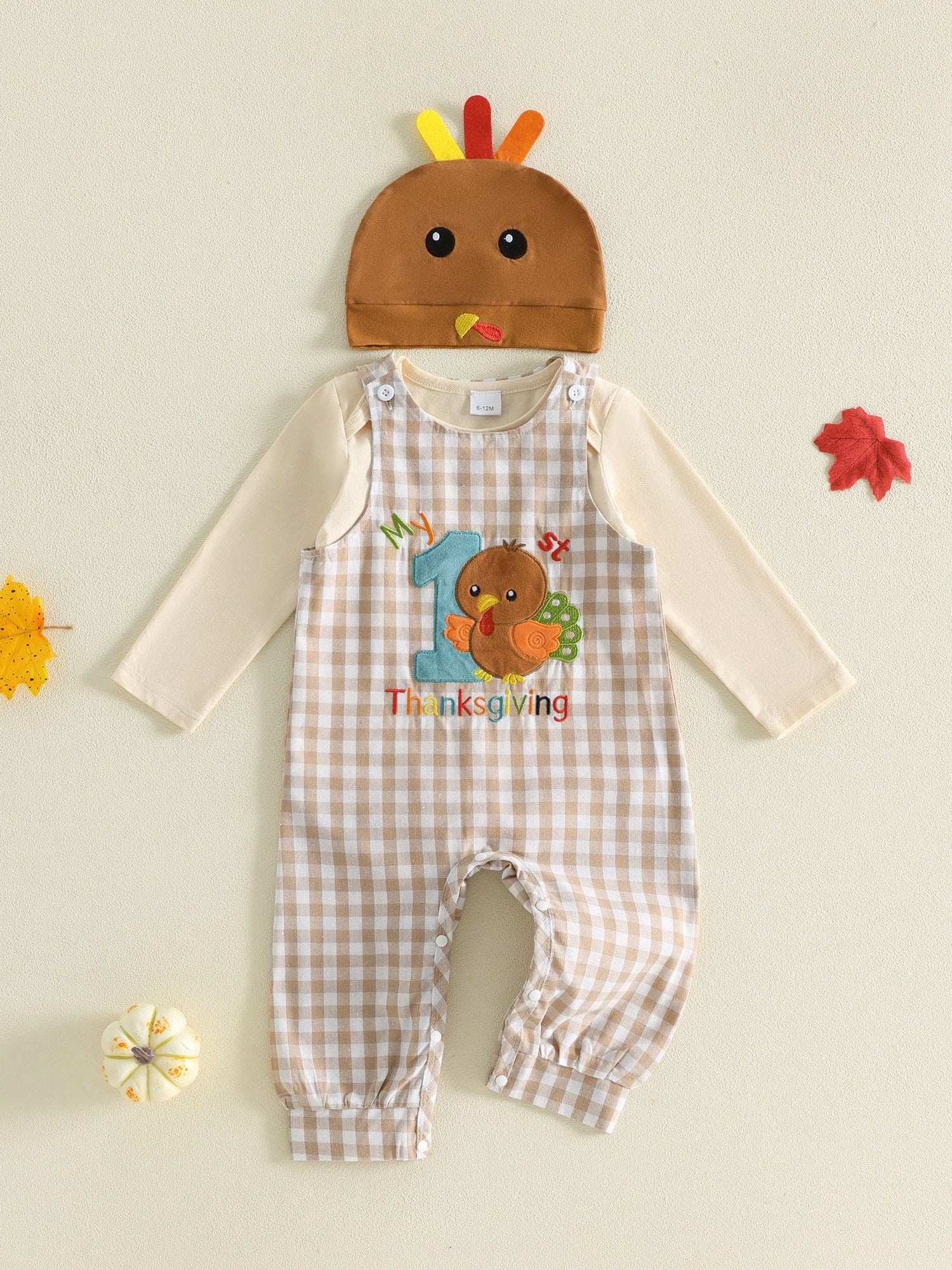 3Pcs Newborn Baby Boys Thanksgiving Outfits Set Long Sleeve Romper Tops + Suspender Pants + Hat 3M 6M 9M 12M 18M Infant Fall Overalls Clothes