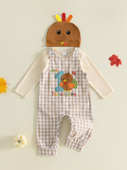 3Pcs Newborn Baby Boys Thanksgiving Outfits Set Long Sleeve Romper Tops + Suspender Pants + Hat 3M 6M 9M 12M 18M Infant Fall Overalls Clothes