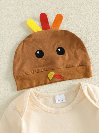 3Pcs Newborn Baby Boys Thanksgiving Outfits Set Long Sleeve Romper Tops + Suspender Pants + Hat 3M 6M 9M 12M 18M Infant Fall Overalls Clothes