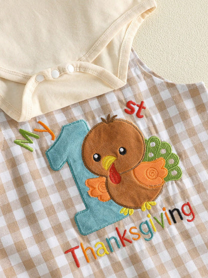 3Pcs Newborn Baby Boys Thanksgiving Outfits Set Long Sleeve Romper Tops + Suspender Pants + Hat 3M 6M 9M 12M 18M Infant Fall Overalls Clothes
