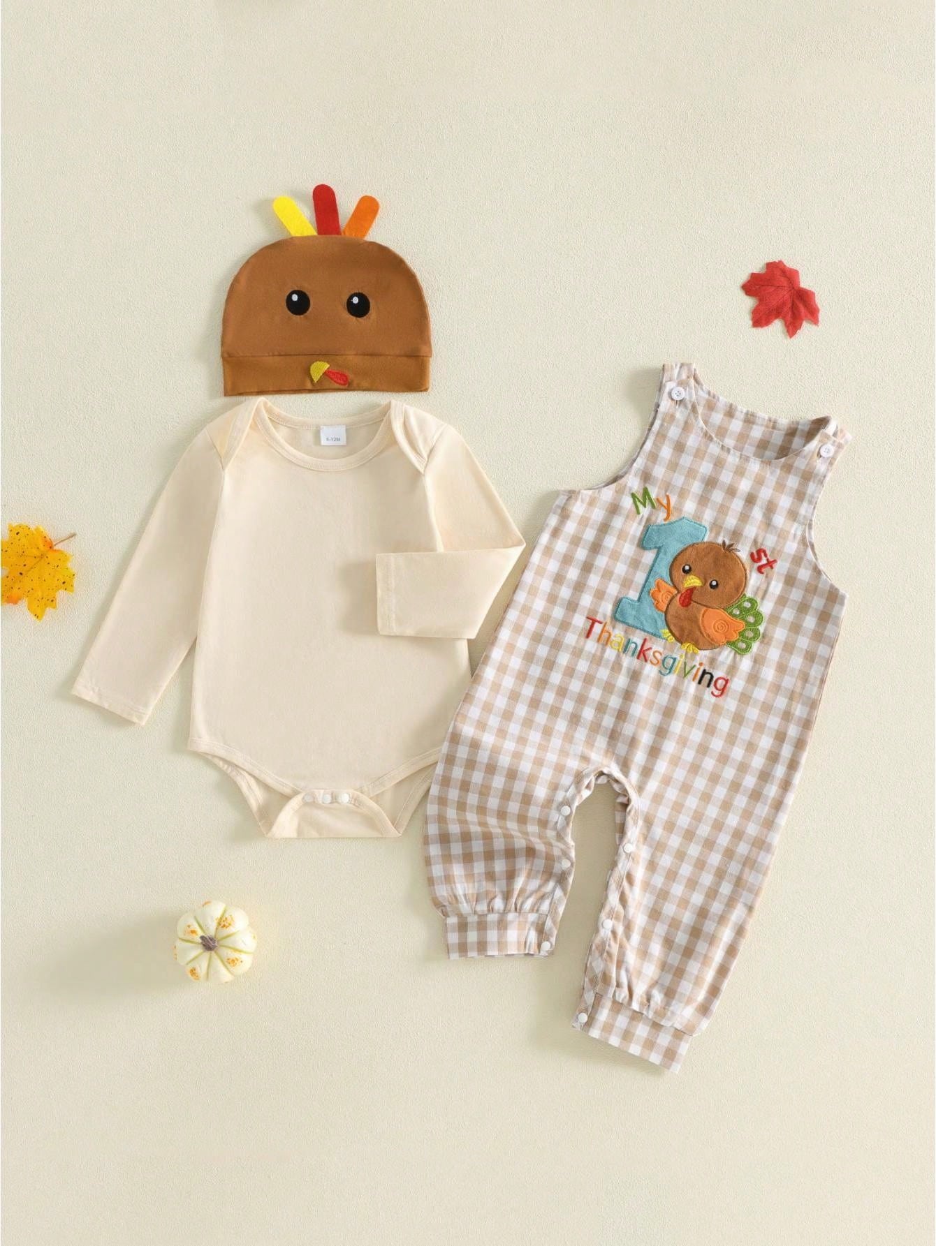 3Pcs Newborn Baby Boys Thanksgiving Outfits Set Long Sleeve Romper Tops + Suspender Pants + Hat 3M 6M 9M 12M 18M Infant Fall Overalls Clothes