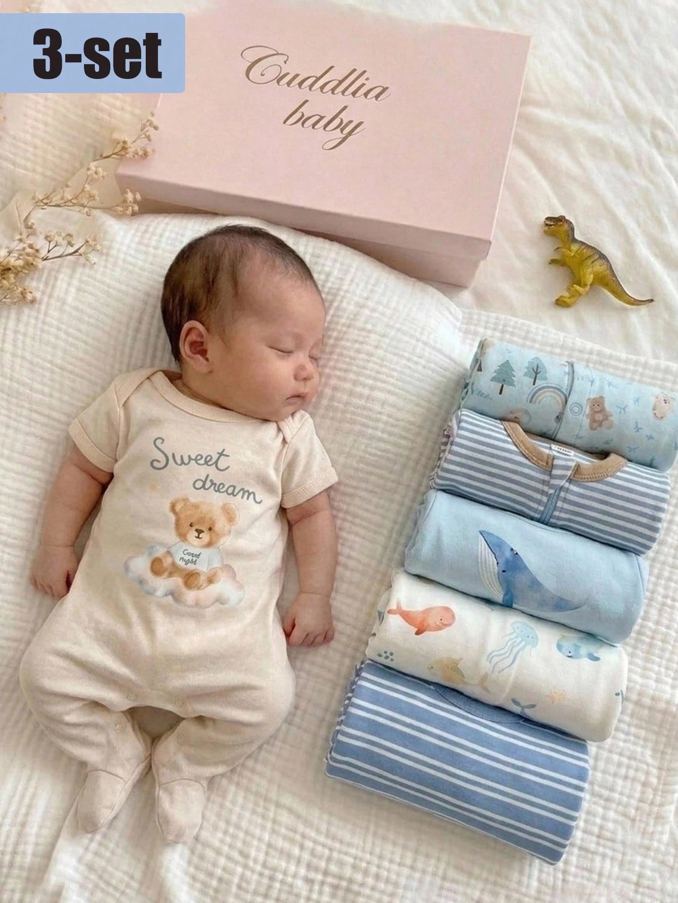 3pcs Newborn Short Sleeve Footie Pajamas Set, Blue Striped, Apricot, Light Blue Whale Print, Casual Comfortable Homewear Sleepwear, Suitable For Summer Outdoor Wear