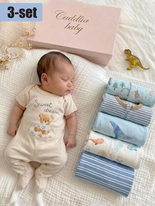 3pcs Newborn Short Sleeve Footie Pajamas Set, Blue Striped, Apricot, Light Blue Whale Print, Casual Comfortable Homewear Sleepwear, Suitable For Summer Outdoor Wear