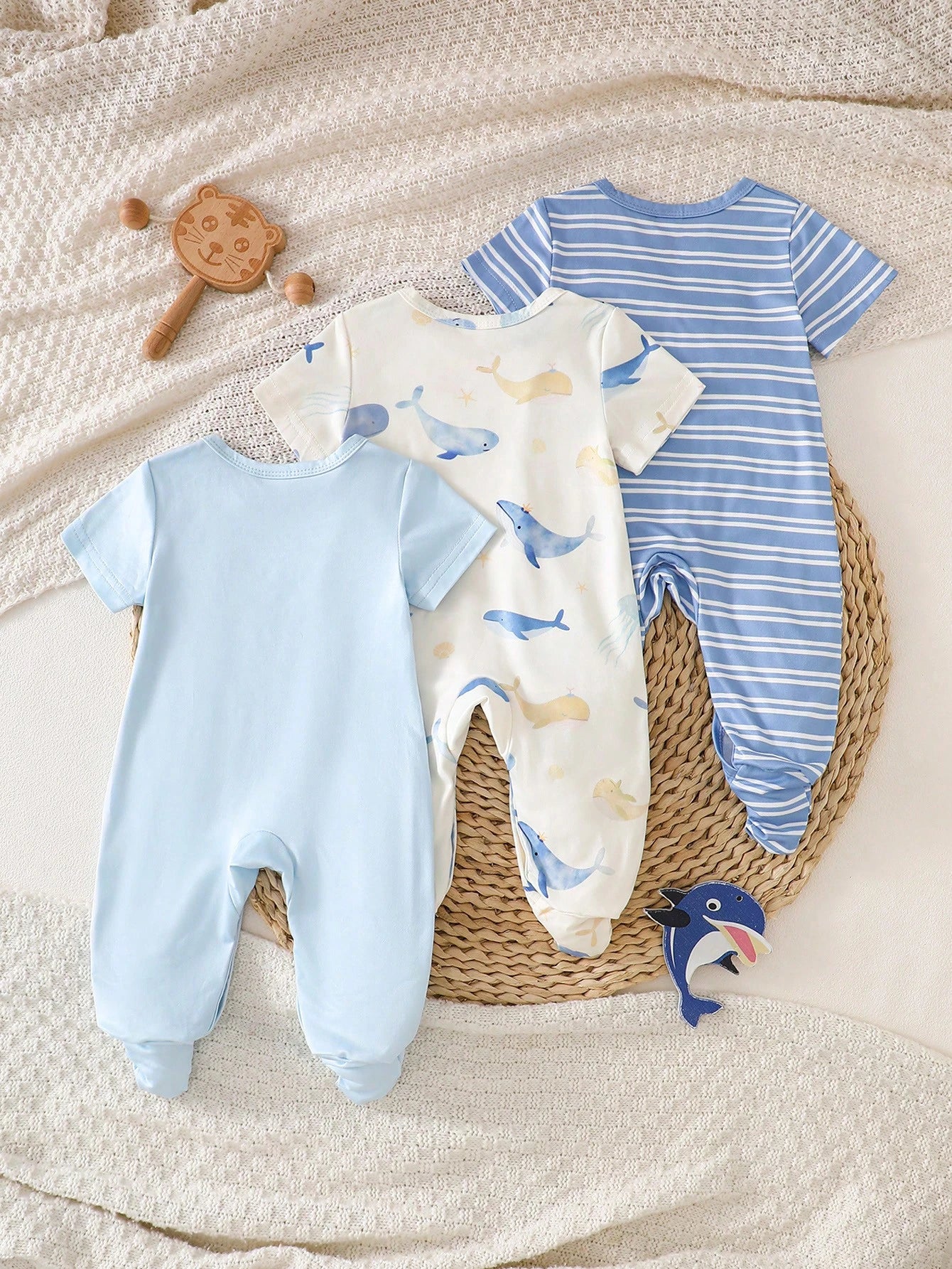 3pcs Newborn Short Sleeve Footie Pajamas Set, Blue Striped, Apricot, Light Blue Whale Print, Casual Comfortable Homewear Sleepwear, Suitable For Summer Outdoor Wear