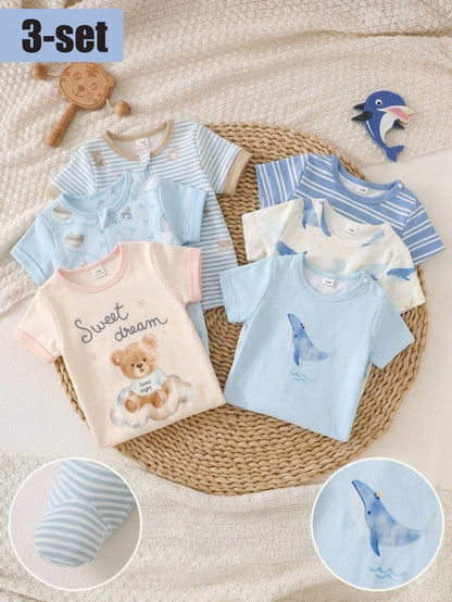 3pcs Newborn Short Sleeve Footie Pajamas Set, Blue Striped, Apricot, Light Blue Whale Print, Casual Comfortable Homewear Sleepwear, Suitable For Summer Outdoor Wear