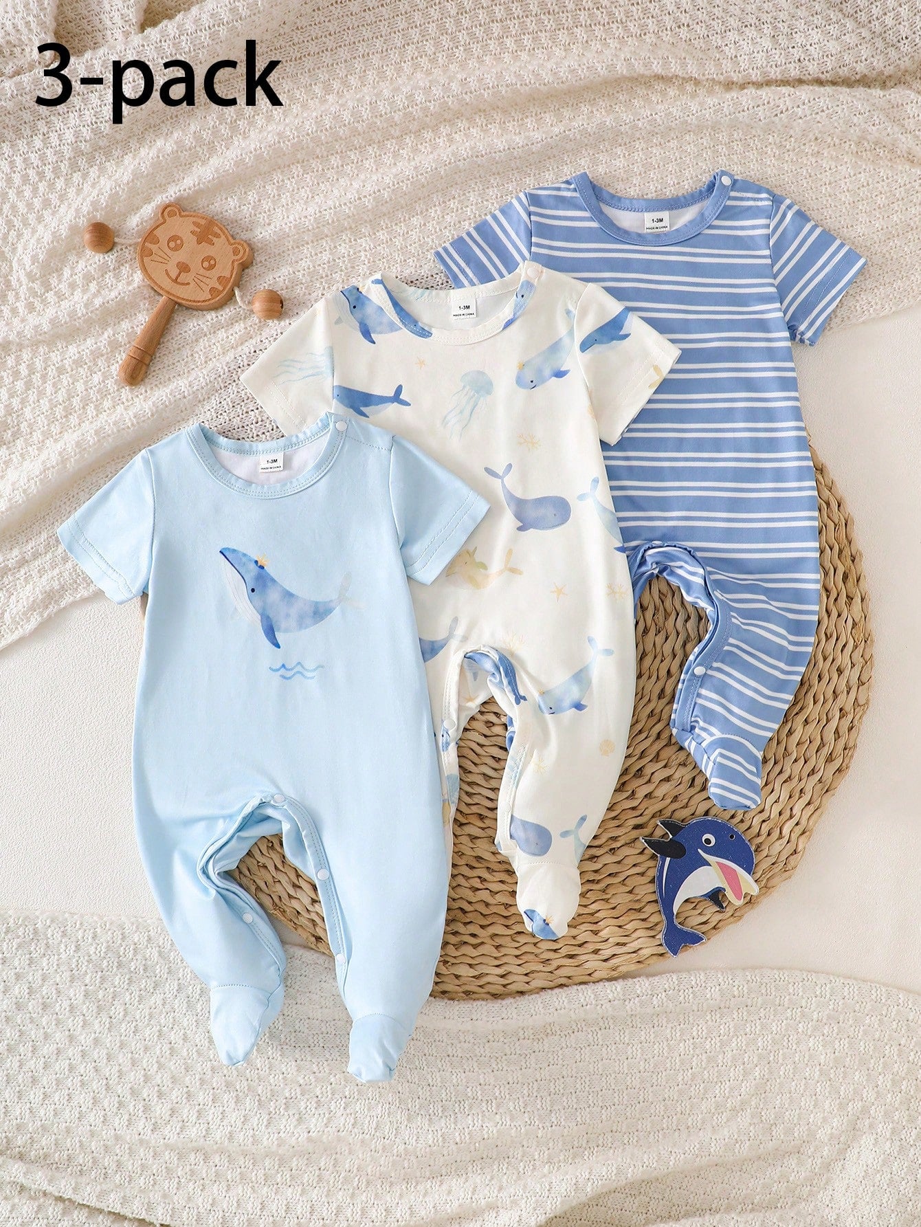 3pcs Newborn Short Sleeve Footie Pajamas Set, Blue Striped, Apricot, Light Blue Whale Print, Casual Comfortable Homewear Sleepwear, Suitable For Summer Outdoor Wear