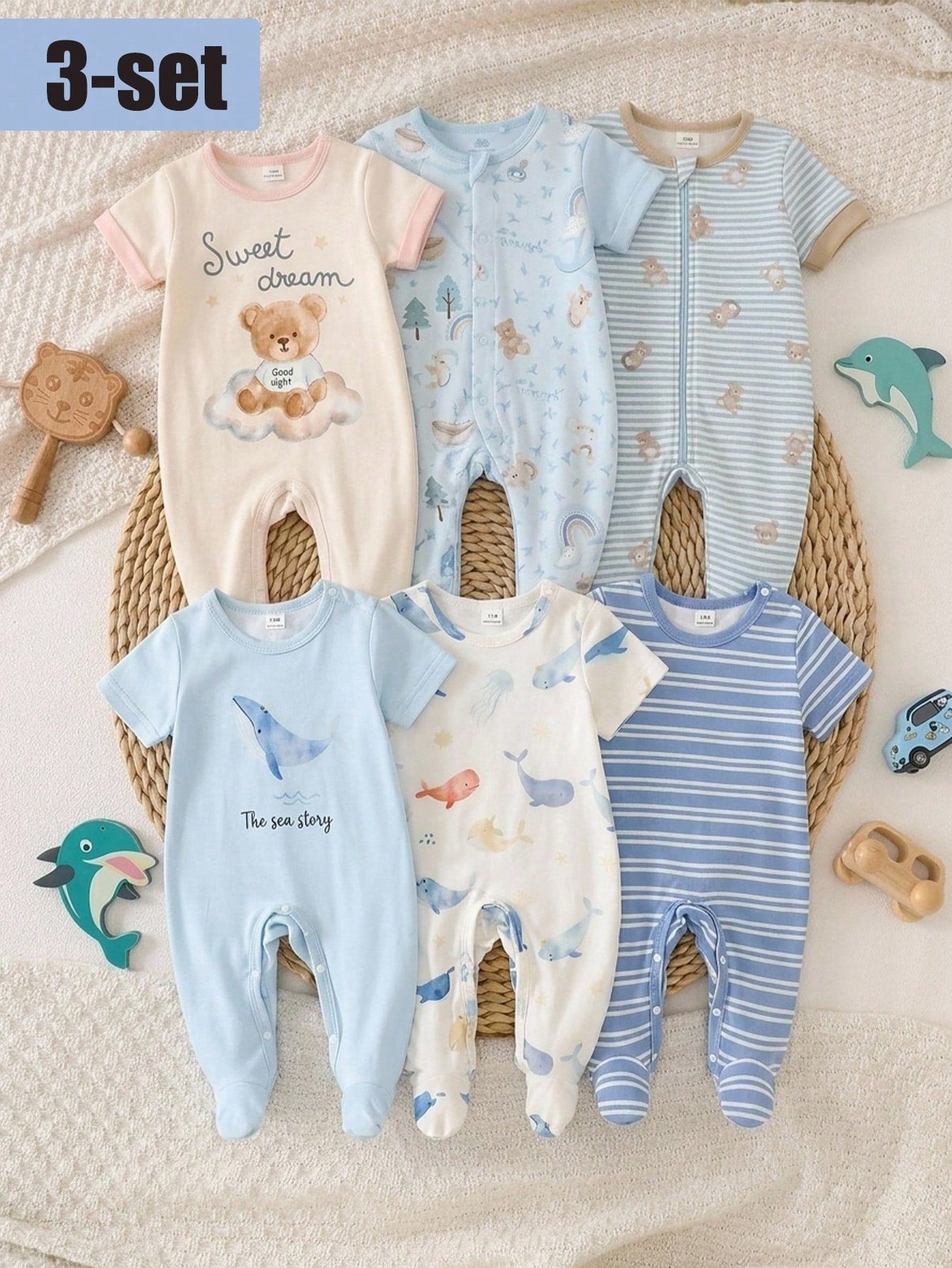 3pcs Newborn Short Sleeve Footie Pajamas Set, Blue Striped, Apricot, Light Blue Whale Print, Casual Comfortable Homewear Sleepwear, Suitable For Summer Outdoor Wear