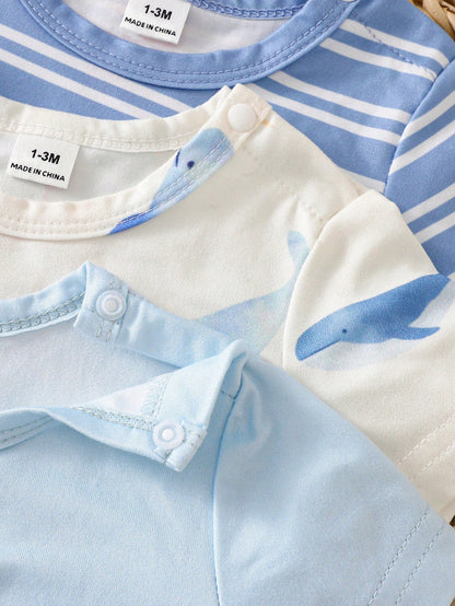 3pcs Newborn Short Sleeve Footie Pajamas Set, Blue Striped, Apricot, Light Blue Whale Print, Casual Comfortable Homewear Sleepwear, Suitable For Summer Outdoor Wear