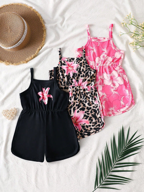 3pcs/Pack Baby Girls' 2026 Summer Cute Pink And Black Hibiscus Floral Strap Soft Round Neck Casual Tropical Versatile Rompers Holiday Beach Vacation
