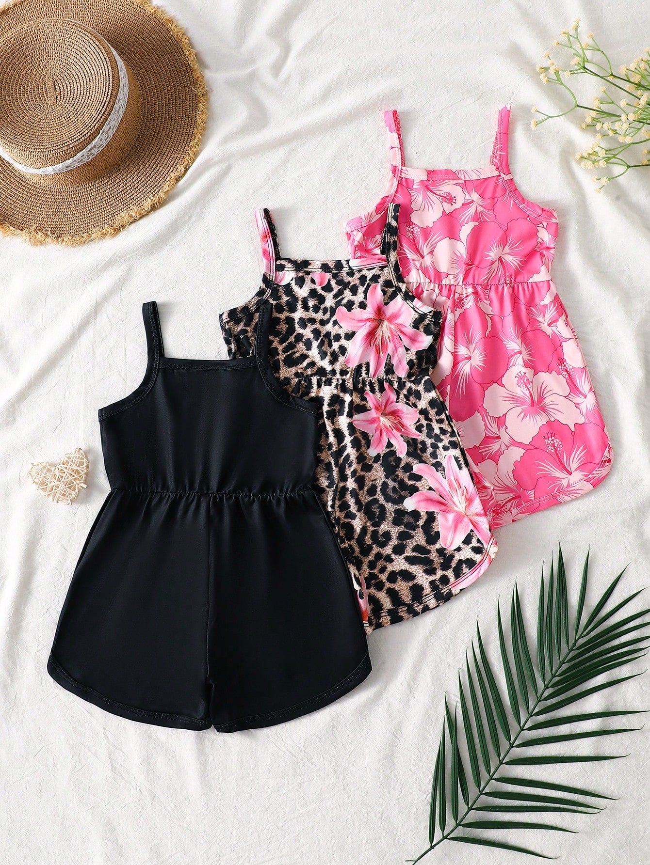 3pcs/Pack Baby Girls' 2026 Summer Cute Pink And Black Hibiscus Floral Strap Soft Round Neck Casual Tropical Versatile Rompers Holiday Beach Vacation