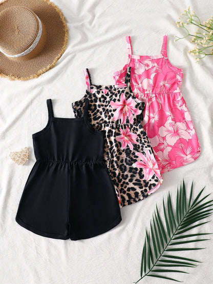 3pcs/Pack Baby Girls' 2026 Summer Cute Pink And Black Hibiscus Floral Strap Soft Round Neck Casual Tropical Versatile Rompers Holiday Beach Vacation