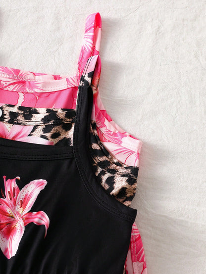 3pcs/Pack Baby Girls' 2026 Summer Cute Pink And Black Hibiscus Floral Strap Soft Round Neck Casual Tropical Versatile Rompers Holiday Beach Vacation