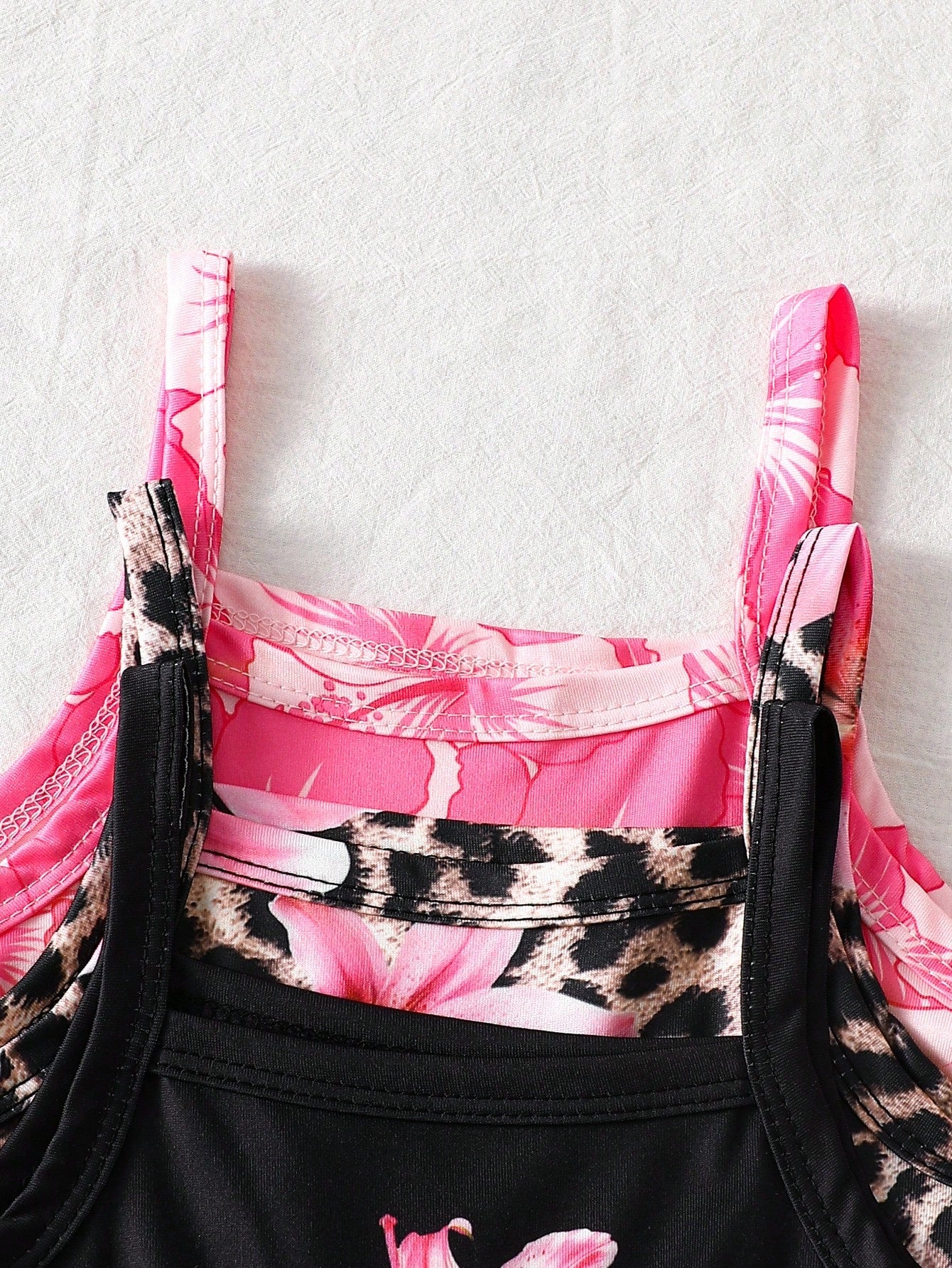 3pcs/Pack Baby Girls' 2026 Summer Cute Pink And Black Hibiscus Floral Strap Soft Round Neck Casual Tropical Versatile Rompers Holiday Beach Vacation
