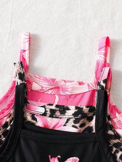 3pcs/Pack Baby Girls' 2026 Summer Cute Pink And Black Hibiscus Floral Strap Soft Round Neck Casual Tropical Versatile Rompers Holiday Beach Vacation