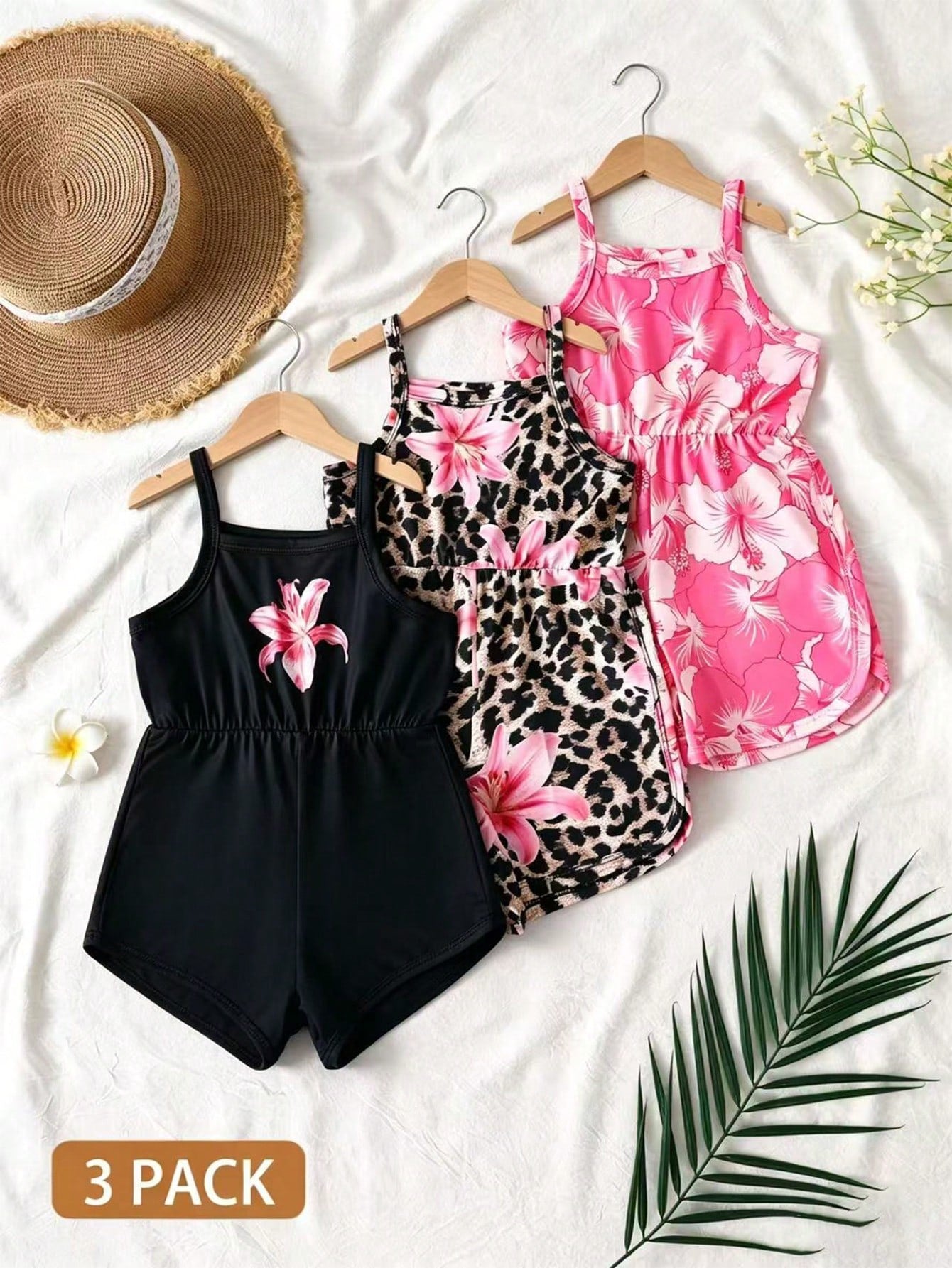 3pcs/Pack Baby Girls' 2026 Summer Cute Pink And Black Hibiscus Floral Strap Soft Round Neck Casual Tropical Versatile Rompers Holiday Beach Vacation