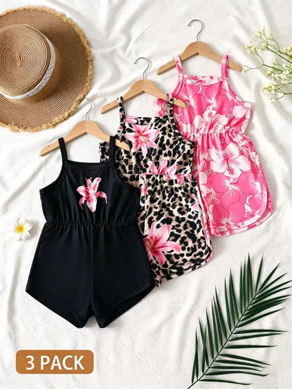 3pcs/Pack Baby Girls' 2026 Summer Cute Pink And Black Hibiscus Floral Strap Soft Round Neck Casual Tropical Versatile Rompers Holiday Beach Vacation