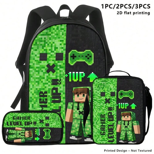 3pcs Polyester Backpack Set Pixel Gaming Character Graphic Includes Durable Large-Capacity Bookpack & Insulated Lunch Bag & Multi-Functional Pencil Case Adjustable Straps And Zipper Compartments For D