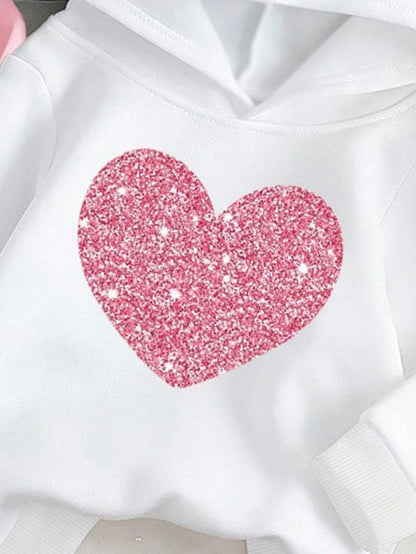 3pcs/Set Baby Girls Fall Clothes,Cute Glitter Heart Dandelion Graphic Hoodie&Sweatpants Outfit,White Autumn Family Matching Pink Black Winter Set