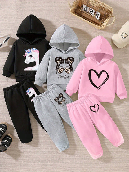 3pcs/Set Baby Girls Fall Clothes,Cute Glitter Heart Dandelion Graphic Hoodie&Sweatpants Outfit,White Autumn Family Matching Pink Black Winter Set