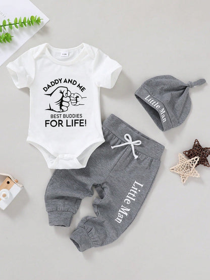 3pcs/Set Casual Cute Baby Boy Outfit, Soft Breathable Bodysuit Set With Letter & Gesture Graphics, Drawstring, Pants And Hat, Suitable For Casual, Daily, Vacation, Party