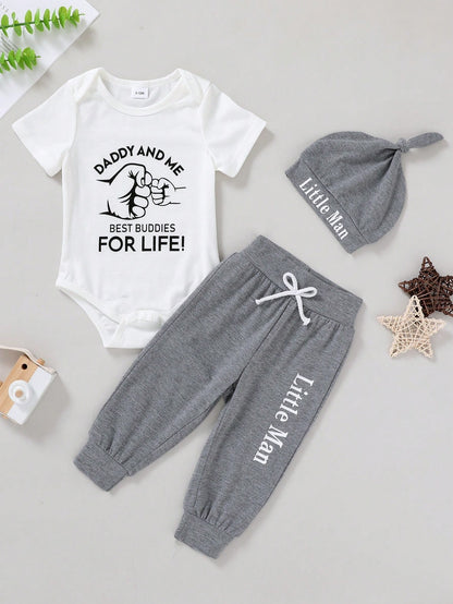 3pcs/Set Casual Cute Baby Boy Outfit, Soft Breathable Bodysuit Set With Letter & Gesture Graphics, Drawstring, Pants And Hat, Suitable For Casual, Daily, Vacation, Party
