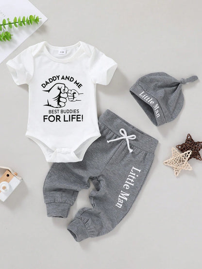 3pcs/Set Casual Cute Baby Boy Outfit, Soft Breathable Bodysuit Set With Letter & Gesture Graphics, Drawstring, Pants And Hat, Suitable For Casual, Daily, Vacation, Party