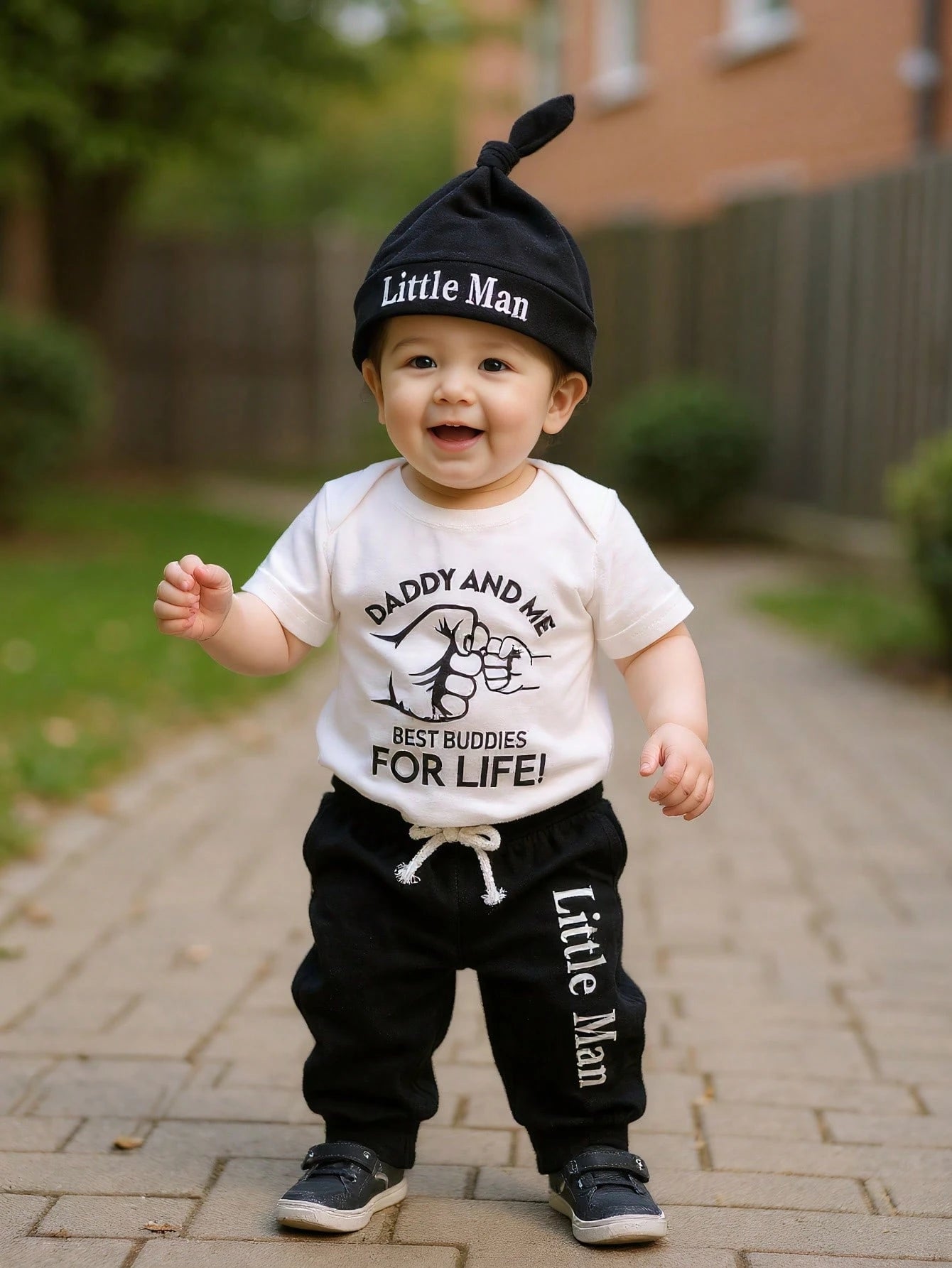 3pcs/Set Casual Cute Baby Boy Outfit, Soft Breathable Bodysuit Set With Letter & Gesture Graphics, Drawstring, Pants And Hat, Suitable For Casual, Daily, Vacation, Party