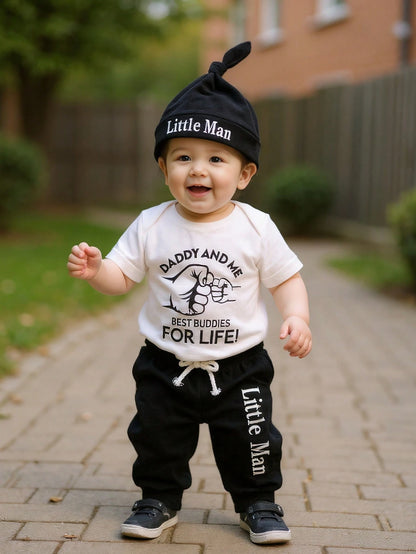 3pcs/Set Casual Cute Baby Boy Outfit, Soft Breathable Bodysuit Set With Letter & Gesture Graphics, Drawstring, Pants And Hat, Suitable For Casual, Daily, Vacation, Party