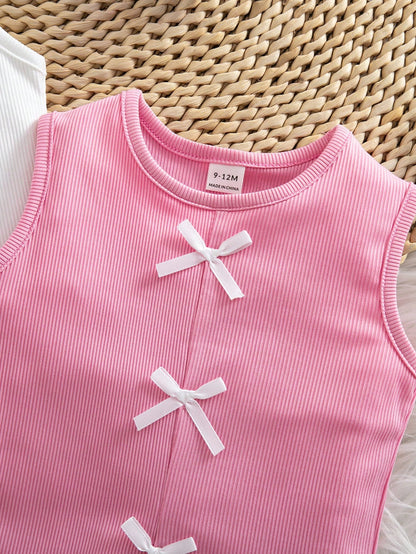 3pcs/Set Girls Sweet Stylish Casual 3D Bow Dopamine Versatile Knit Sleeveless Tank Tops