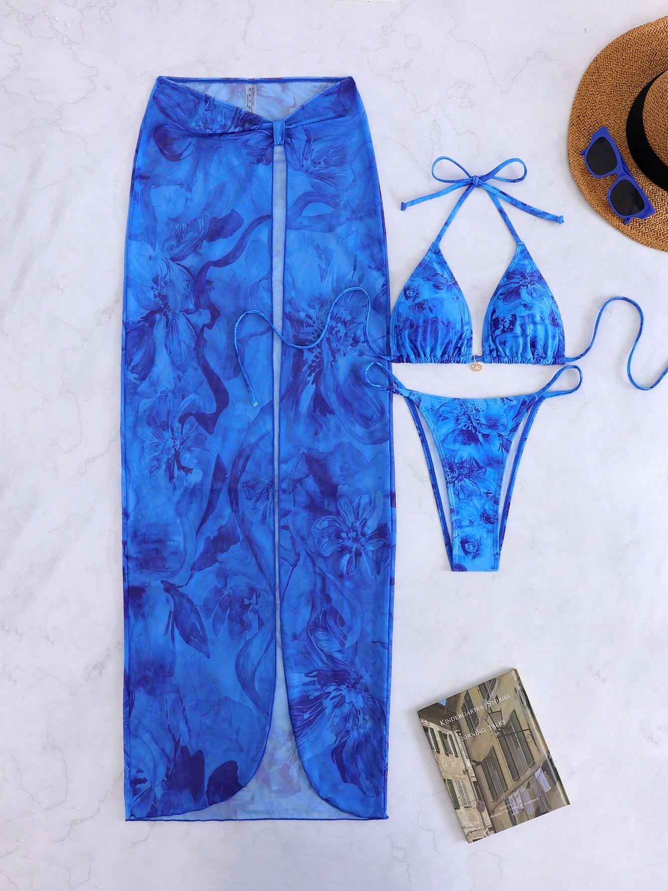 3pcs/Set Sexy Floral European & American Style Swimwear, Summer Vacation Mesh Maxi Skirt Bikini Beach Swimwear, Resort Wear