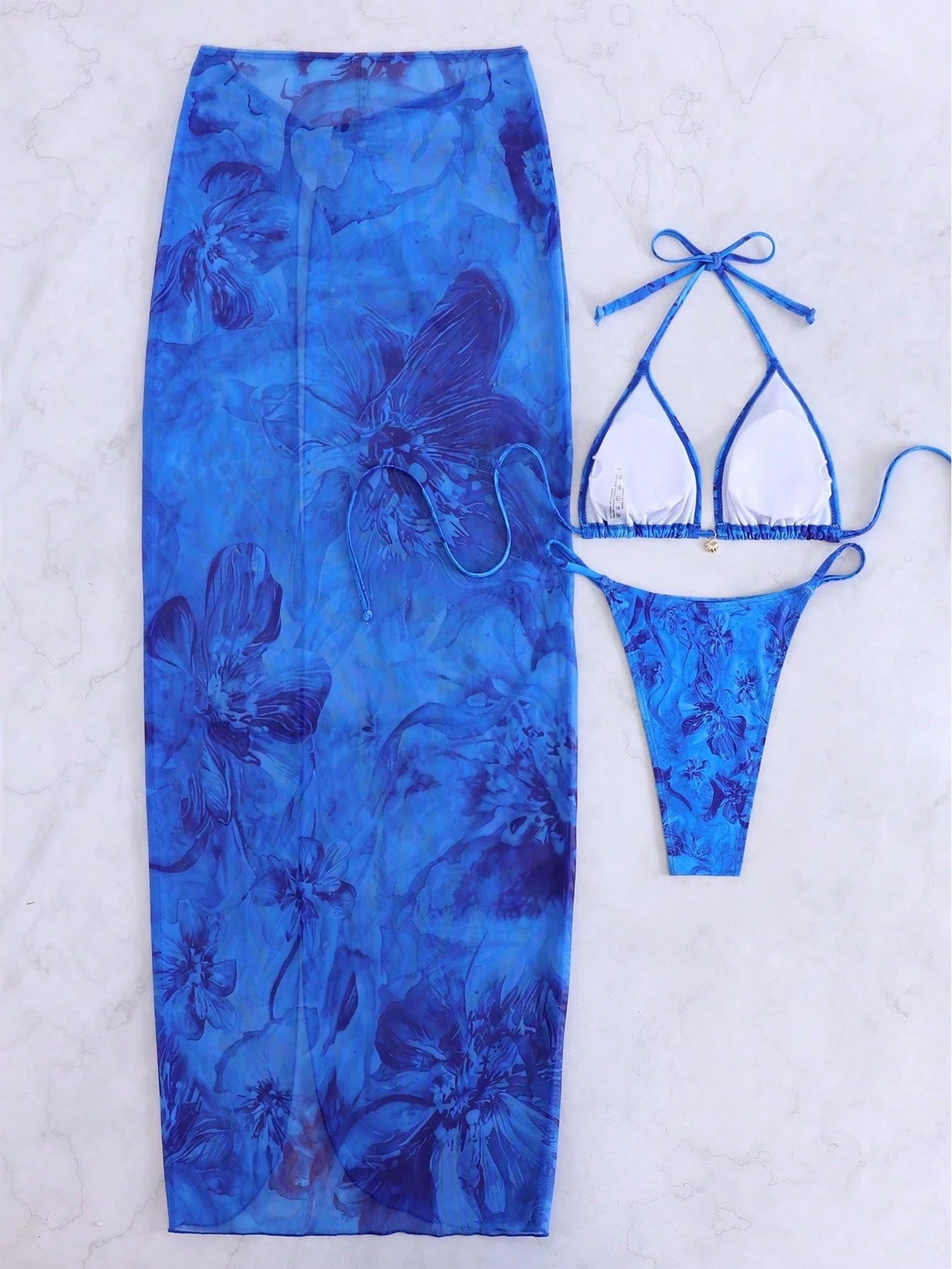 3pcs/Set Sexy Floral European & American Style Swimwear, Summer Vacation Mesh Maxi Skirt Bikini Beach Swimwear, Resort Wear