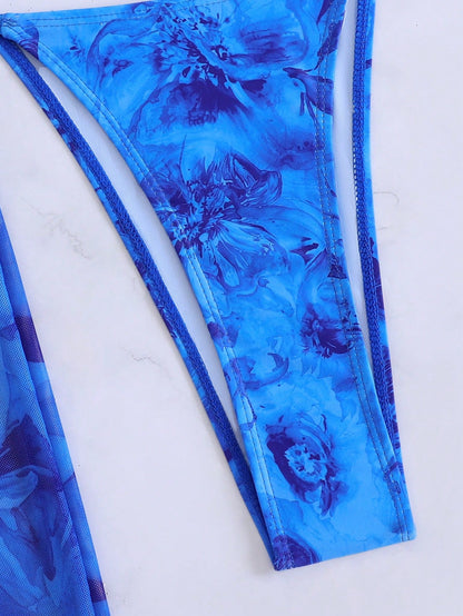 3pcs/Set Sexy Floral European & American Style Swimwear, Summer Vacation Mesh Maxi Skirt Bikini Beach Swimwear, Resort Wear