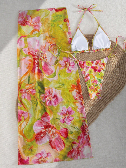 3pcs/Set Sexy Floral European & American Style Swimwear, Summer Vacation Mesh Maxi Skirt Bikini Beach Swimwear, Resort Wear