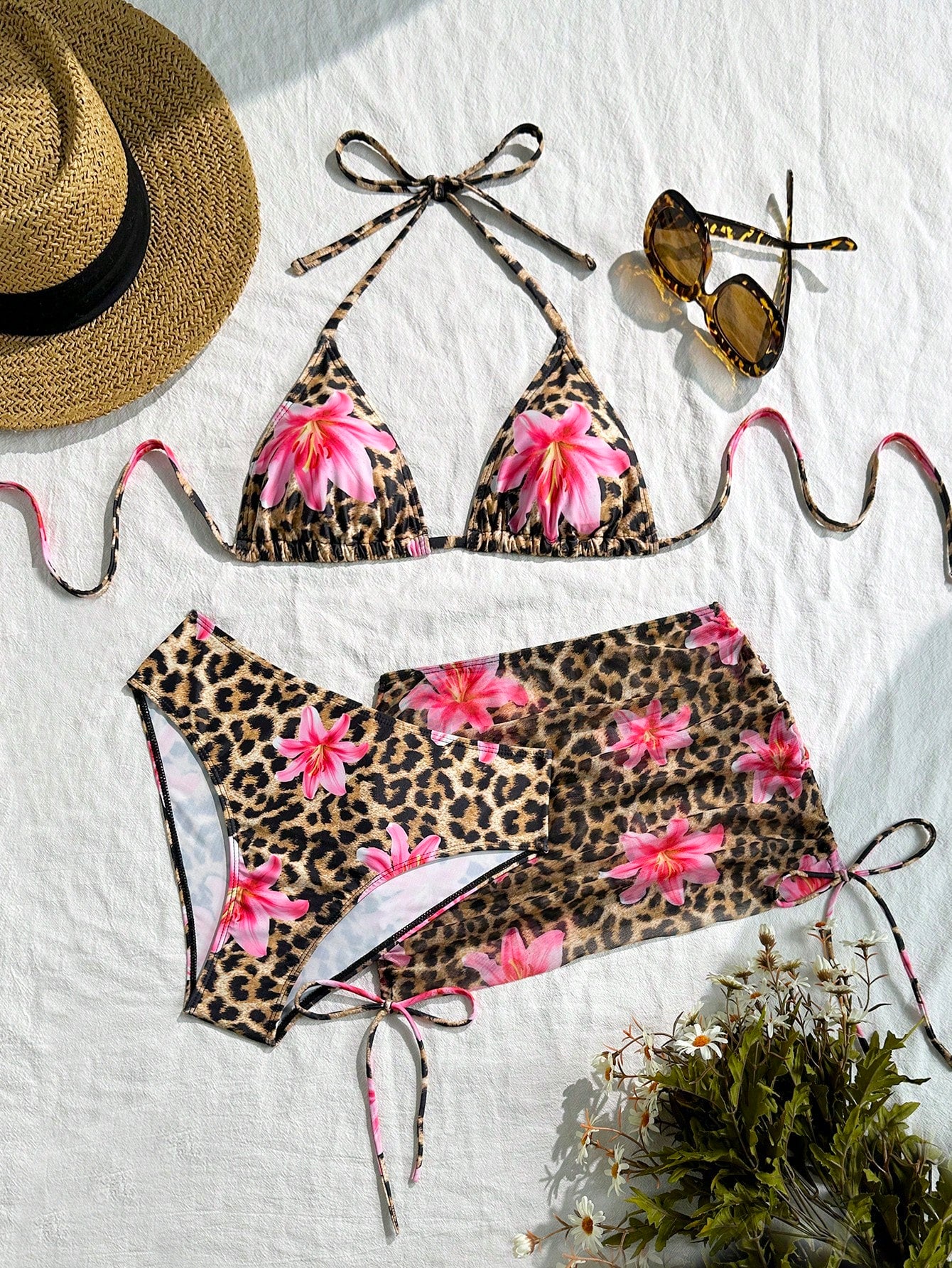 3pcs/Set Women's Sexy Leopard Print Halter Triangle Top, Mesh Sarong And Self-Tie Side Bikini Swimsuit For Summer Beach Vacation