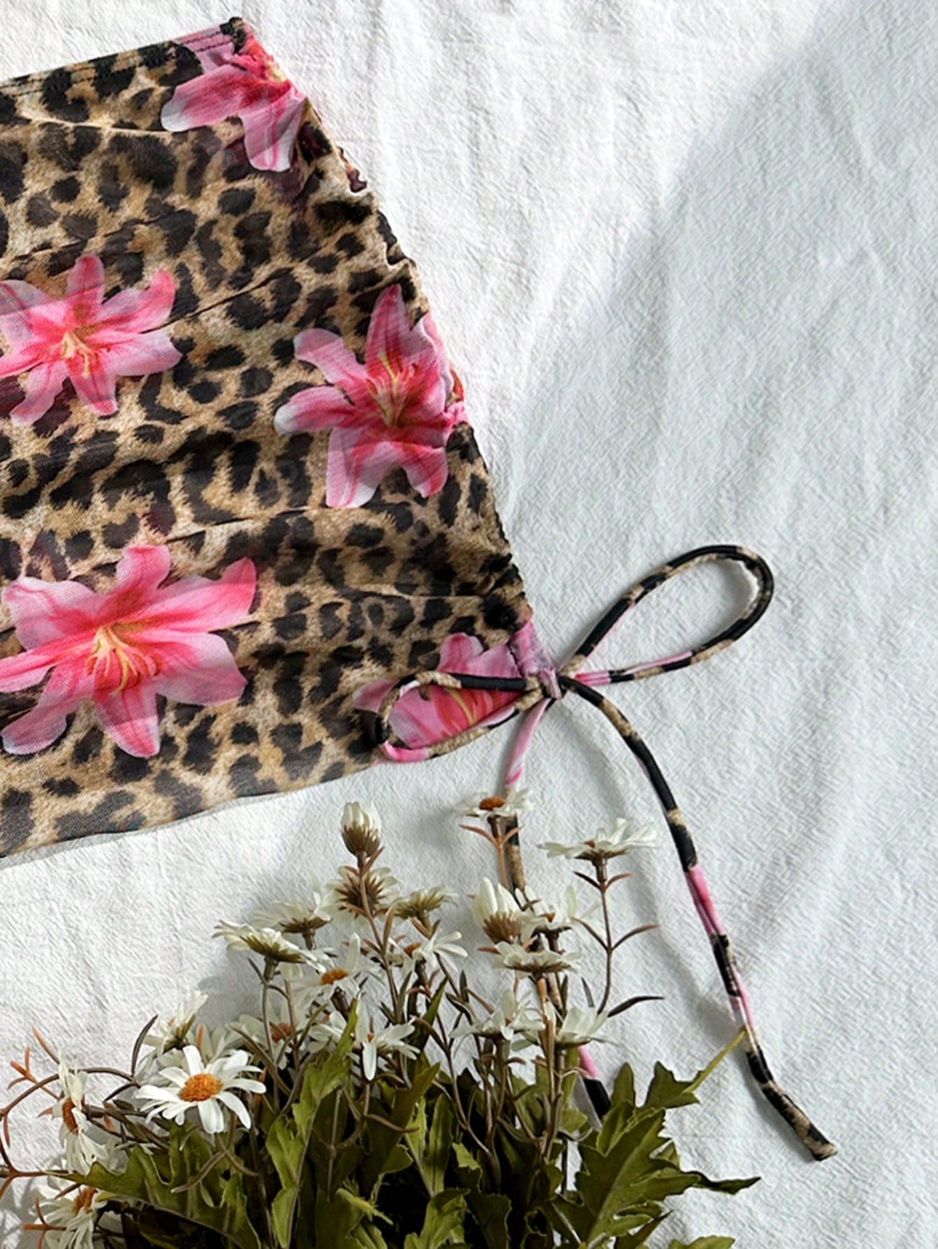 3pcs/Set Women's Sexy Leopard Print Halter Triangle Top, Mesh Sarong And Self-Tie Side Bikini Swimsuit For Summer Beach Vacation