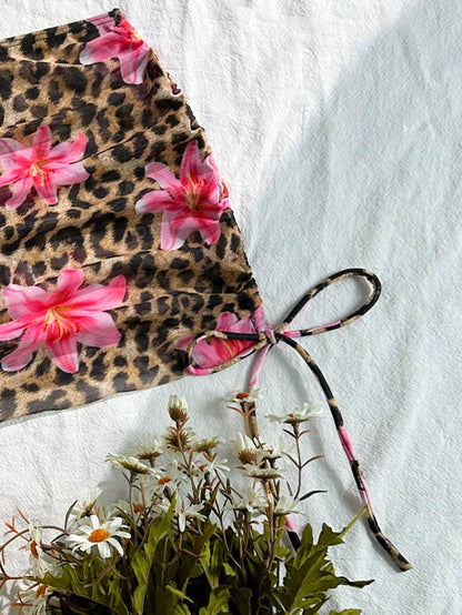 3pcs/Set Women's Sexy Leopard Print Halter Triangle Top, Mesh Sarong And Self-Tie Side Bikini Swimsuit For Summer Beach Vacation