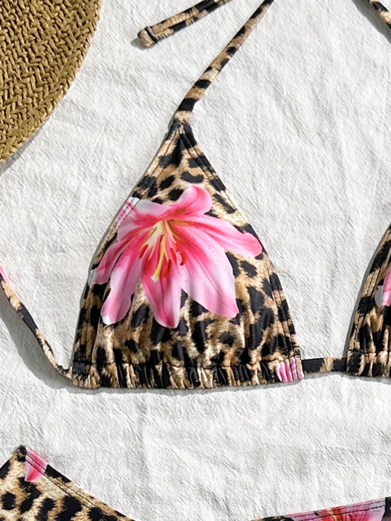 3pcs/Set Women's Sexy Leopard Print Halter Triangle Top, Mesh Sarong And Self-Tie Side Bikini Swimsuit For Summer Beach Vacation