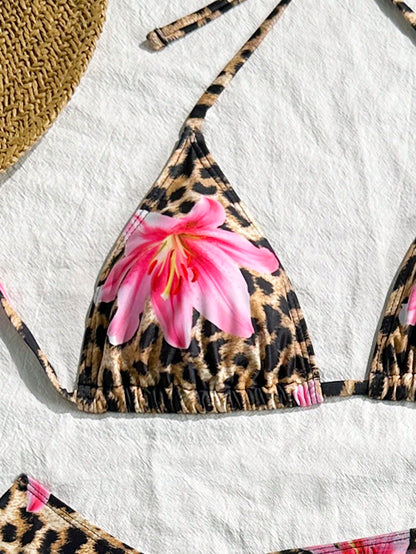 3pcs/Set Women's Sexy Leopard Print Halter Triangle Top, Mesh Sarong And Self-Tie Side Bikini Swimsuit For Summer Beach Vacation