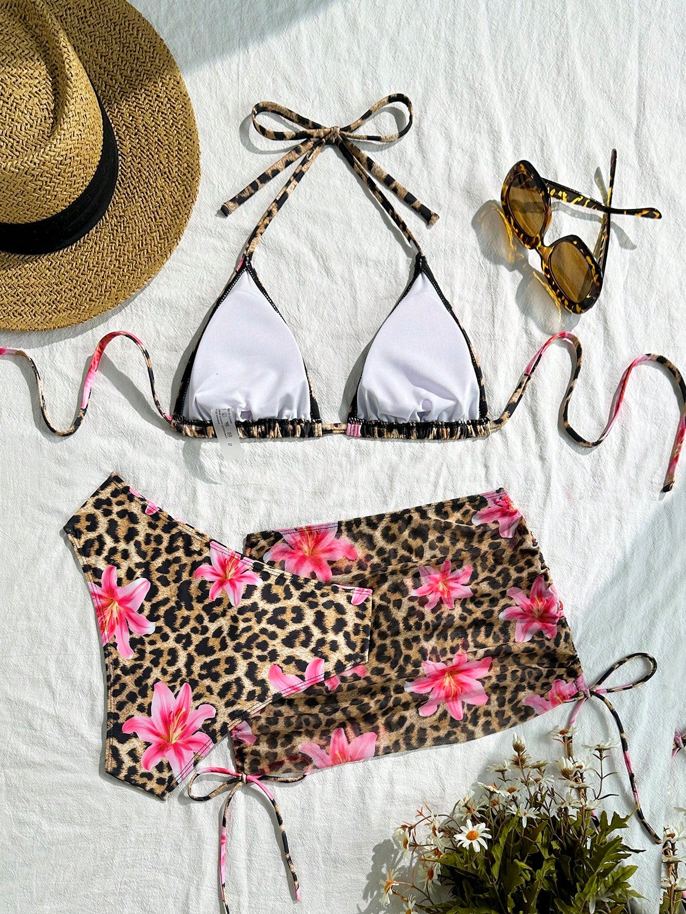 3pcs/Set Women's Sexy Leopard Print Halter Triangle Top, Mesh Sarong And Self-Tie Side Bikini Swimsuit For Summer Beach Vacation