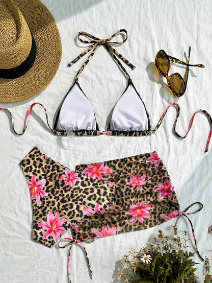 3pcs/Set Women's Sexy Leopard Print Halter Triangle Top, Mesh Sarong And Self-Tie Side Bikini Swimsuit For Summer Beach Vacation