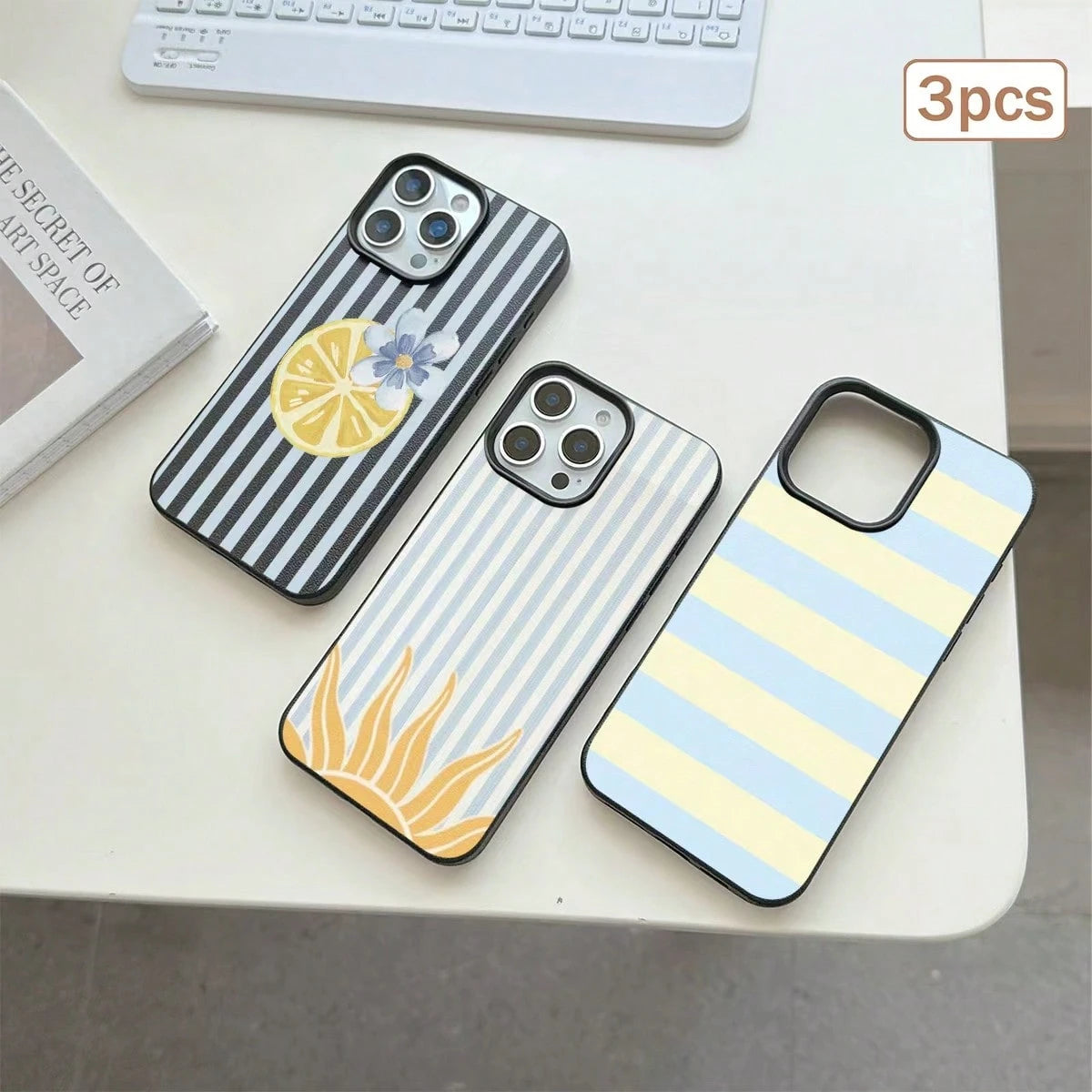 3pcs Striped Print Leather Texture TPU Shockproof Full Coverage Protective Phone Case Compatible With Apple 11/12/13/14/15/16/17 Pro Max